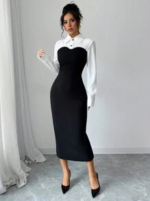 Siren Gaze Women's Elegant And Romantic, 2 In 1 Black And White Color Matching Dress, Long-Sleeved Midi Dress, Perfect For Commuting,Midi Casual Black And White Dress, Simple & Fashionable, Fitted For Everyday Wear, Winter Party