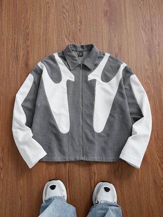 Manfinity Unisex 男士时尚休闲宽松拼接灯芯绒长袖衬衫，适合年轻日常穿着、上学、秋冬季节以及情侣装。