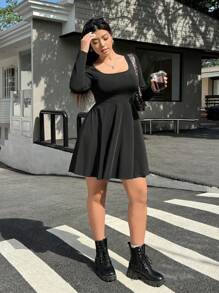 Solflare 大码女式方领宽松长袖纯色休闲连衣裙 - 黑色 - 查看 5