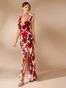 L'Amorae Vestido sexy con cuello caído, estampado floral y abertura alta de satén - Multicolor - Ver 4