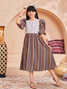 SHEIN Tween Mädchen Casual Vacation Gestreiftes & Blumen Patchwork Puffärmel Stufen Midikleid