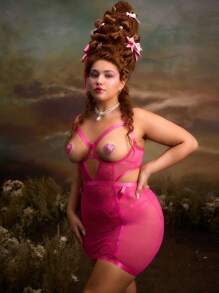 Retro Palace Style Sexy Dress With Pasties & G-String Set, Plus Size Lingerie - Hot Pink - View 7