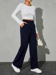 EURMUSE Petite Women'S Solid Color Pants With Pockets ,Petite Women - Navy Blue - View 5