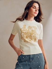 Anewsta 时尚花卉星形刺绣针织上衣，适合春夏、情人节和新年等场合穿着。 - 奶油色 - 查看 3