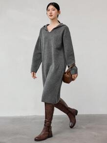 Dazy-Less 女士宽松纯色连帽中长款直筒针织毛衣连衣裙，秋季服装