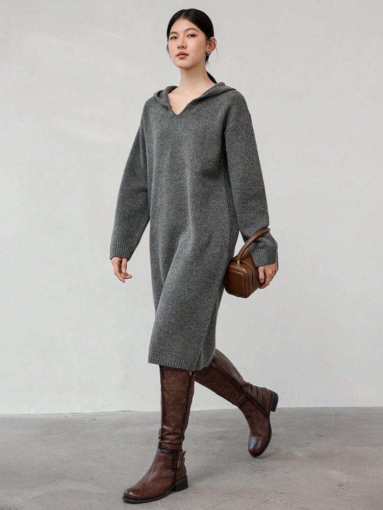 Loose Solid Color Hooded Mid-Length Straight Knitted Sweater Dress For Women,Fall Clothes