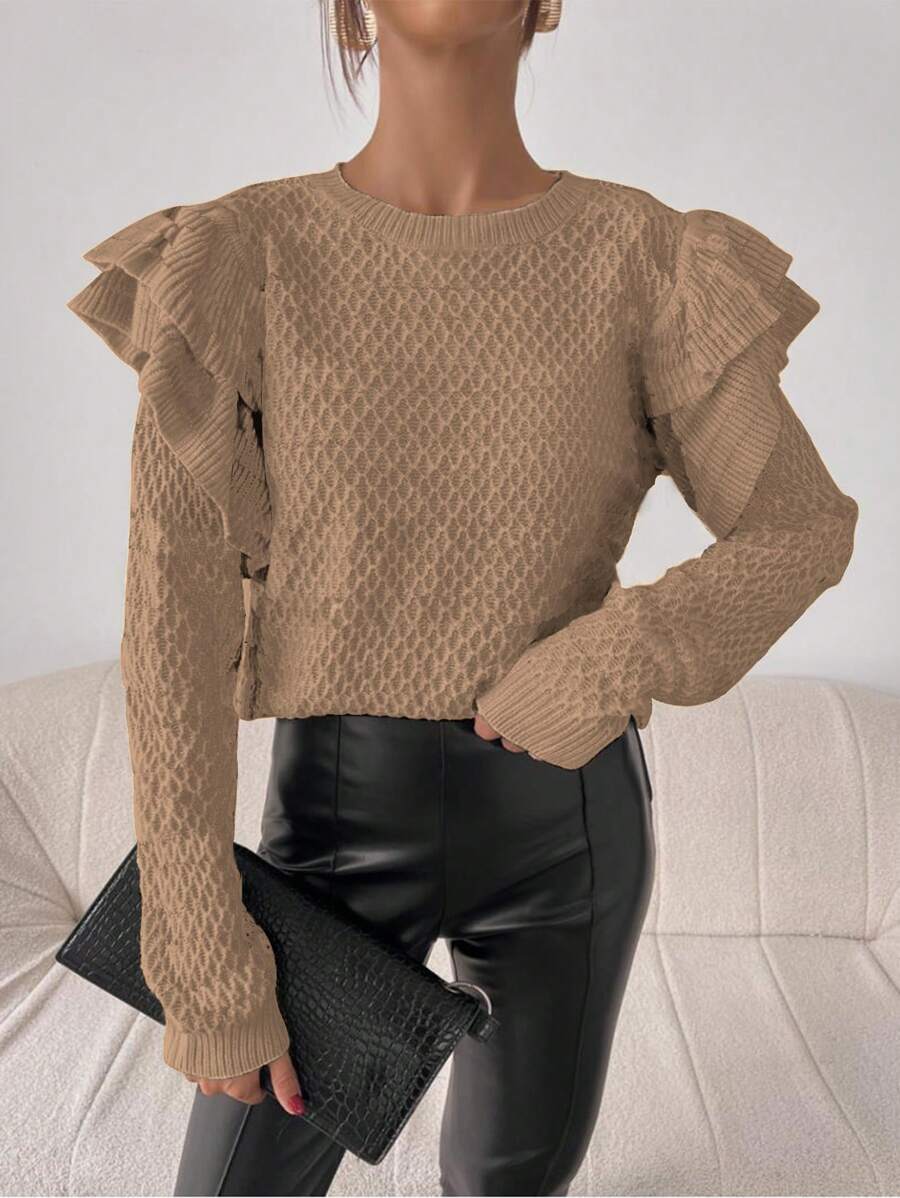 SHEIN Unity 女士纯色圆领长袖休闲套头毛衣针织衫秋冬款 - 卡其色 - 查看 1