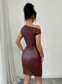 Calvaya Women's Elegant PU Leather Ruffle Waist Tight Fitting Slim Mini Dress