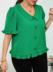 SHEIN Clasi Plus Size Plain Front Button Short Sleeve Casual Pleated Shirt - Green - View 6
