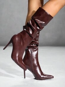 CUCCOO SZL Botas de tacón alto con puntera puntiaguda y fruncidos, estilo de moda para mujer, apropiadas para ir al trabajo, citas, fiestas, festivales, vacaciones navideñas y de Año Nuevo, con ambiente otoñal e invernal para el Día de San Valentín - Café integral - Ver 6