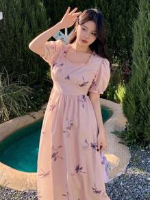 DAZY 女士碎花荷叶边泡泡袖优雅中长连衣裙 - 粉色 - 查看 4