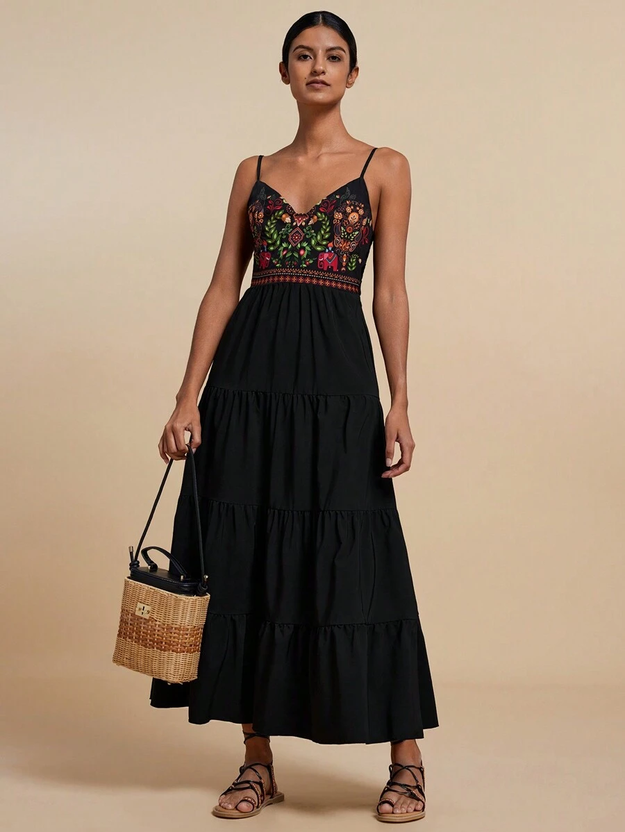 Travachic Women's Floral Print Vacation Casual Maxi Slip Dress - Black - View 1