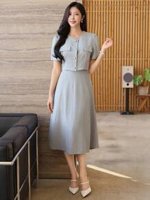 Wynsel 2 件套优雅纯色圆领衬衫和裙子套装，适合女士，春夏季，返校服装 - 淺灰色 - 查看 3