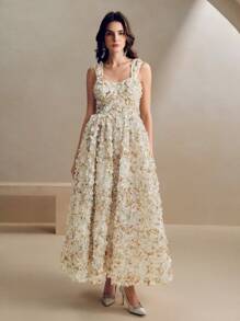 Anewsta Elegant & Romantic Floral Print Sleeveless Dress With Flared, Suitable For Valentine's Day, Summer Beach Vacation, New Year Outfit - Apricot - View 6