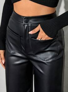 SHEIN Cottnline Women Wide Leg Pu Leather Pant With Pocket Detail - Black - View 3
