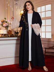 Al Najma 大码女式纯色长袖蕾丝雪纺阿拉伯长袍 Abaya，优雅奢华晚会风格，朴素