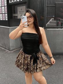 SHEIN EZwear Gaun Fashion Wanita Ukuran Plus dengan Detail Kerutan dan Motif Leopard di Bagian Bawah, Model Tanpa Tali - MultiWarna - View 5