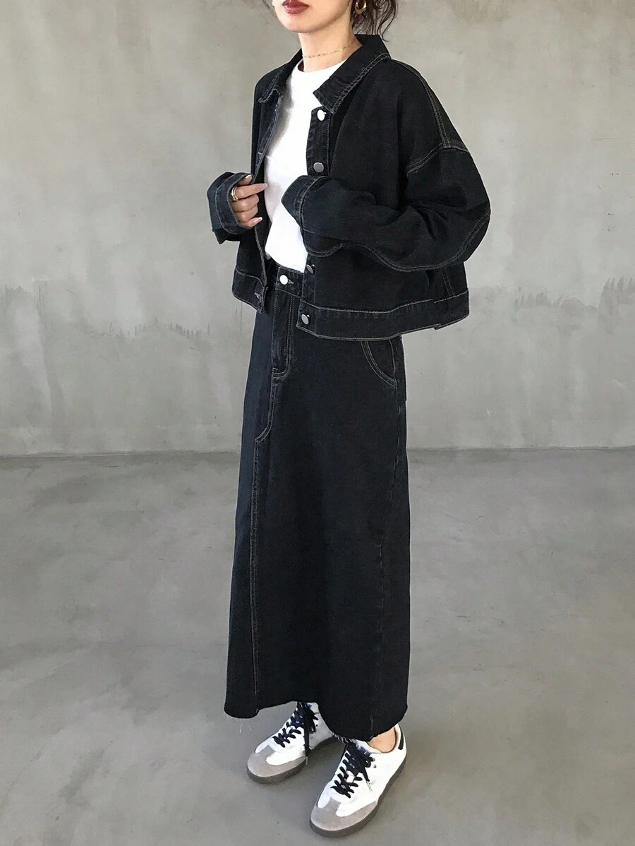 FRIFUL 女士前扣长袖简约衬衫和牛仔裙 2 件套 - 藍色 - 查看 1