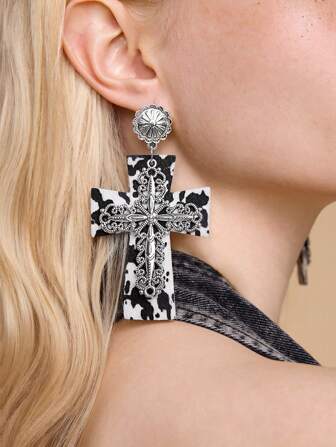 Grunge Punk Fashionable Unique Modern Wild Style Creative Cow Print Cross Pendant Earrings