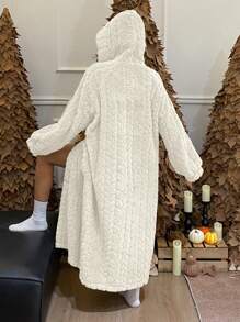 DAZY Minimalist Textured Flannel Hooded Bath Robe, Thick & Warm For Winter - White - View 2