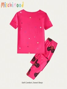 Girls Snug Fit 2pcs Pajama Set, Simple Graphic Print Short Sleeve Top & Long Pants - Multicolor - View 2