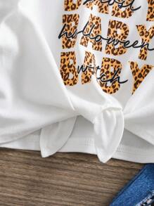 SHEIN Tween Girls' Loose Fit Casual Minimalist Comfy Round Neck Leopard & Letter Print Hoodie And Flared Pants 2 Pieces Set - Blue - View 10