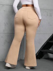 SHEIN EZwear 大码弹力修身喇叭牛仔裤，黑色 - 卡其色 - 查看 2