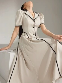 Heiryn Vestido largo casual de manga corta con botones y ribete de contraste para mujer