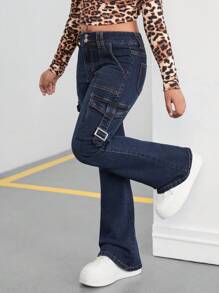 SHEIN Tween Girls Y2K 时尚复古水洗翻盖口袋工装牛仔喇叭牛仔裤，Tween Girls 秋装返校街头服饰