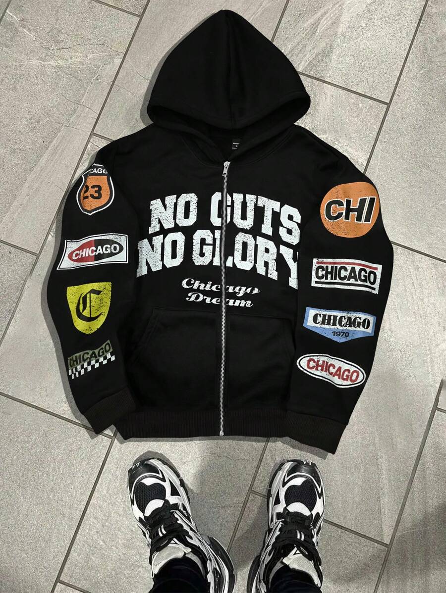 Manfinity EMRG 男士休闲字母印花长袖拉链连帽运动衫，秋冬 - 黑色 - 查看 1