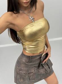 SHEIN EZwear Parte superior strapless plisada con efecto metálico para mujer