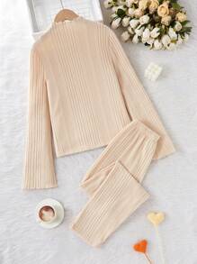 SHEIN Teen Girls' Asymmetrical Rib Knitted Long Sleeve Thermal Top And Pants 2Pcs Underwear Set, Apricot