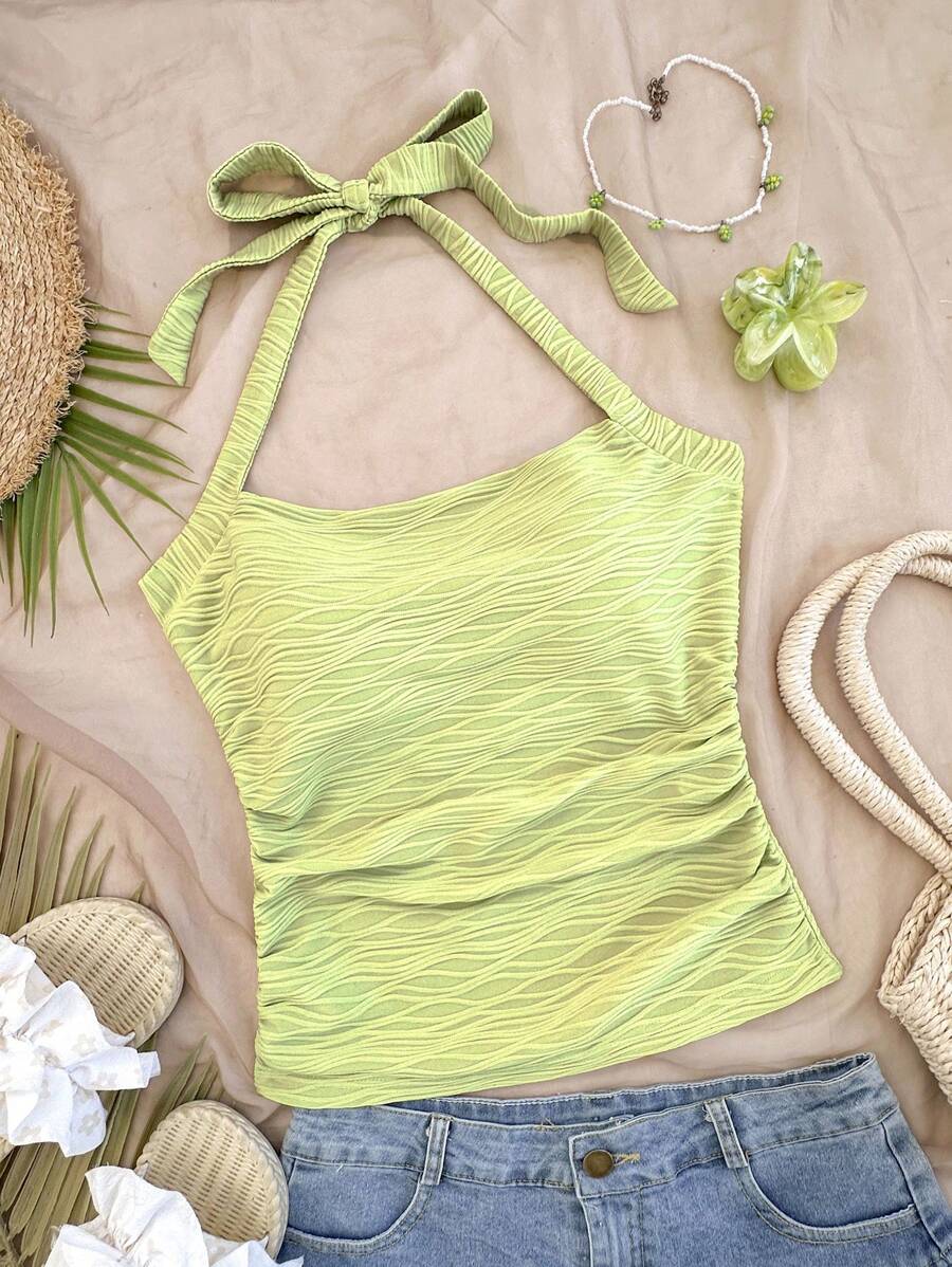 Soleia 1件女士度假露背绿色纹理针织吊带背心 - 綠色 - 查看 1