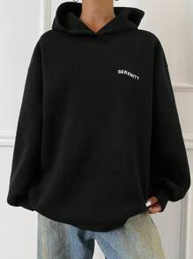 DAZY 新款宽松休闲羊毛黑色女式连帽衫，秋季女装运动衫 - 黑色 - 查看 3