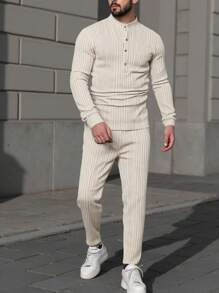 Manfinity Homme Men'S Solid Button-Up Long Sleeve Shirt And Pants Set, Autumn - Apricot - View 1