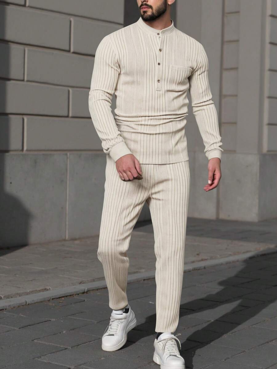 Manfinity Homme Men'S Solid Button-Up Long Sleeve Shirt And Pants Set, Autumn - Apricot - View 1