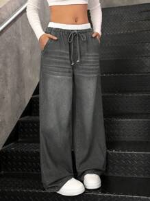 SHEIN Pantalones vaqueros de pernera ancha y suelta con diseño de rayas azules y blancas, en estilo casual de moda otoñal Y2K para adolescentes, con cintura contrastante y diseño 2 en 1