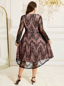 SHEIN Clasi Plus Size Autumn Formal Dress, Black Mesh Embroidered Asymmetrical Hem A-Line Maxi Gown