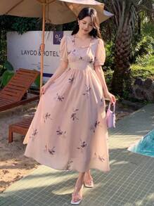 DAZY 女士碎花荷叶边泡泡袖优雅中长连衣裙 - 粉色 - 查看 1