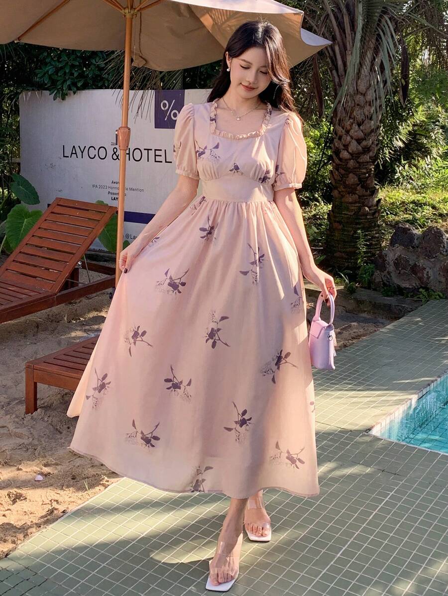 DAZY 女士碎花荷叶边泡泡袖优雅中长连衣裙 - 粉色 - 查看 1