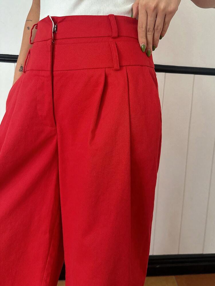 Women's Solid Color Double Waistband Wide Leg Loose Pants, Suitable For Chinese New Year , All Season