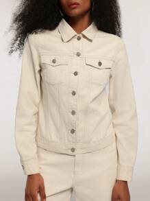 Forever 21 Fall&Winter Beige/Loose/Simple/Basic/Nashville/Halloween/Long Sleeve Christmas Homecoming Western Concert Thanksgiving Button Up Women Denim Jacket - Khaki - View 10