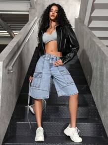 SHEIN EZwear 女士简约前扣口袋牛仔短裤，休闲日常穿着 - 藍色 - 查看 5