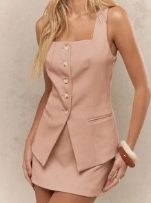 MISSGUIDED 优雅纽扣前开襟马甲迷你裙套装 夏季职业办公两件套西装 无袖西装外套连衣裙 派对装 - 粉色 - 查看 3