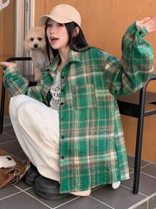 DAZY 女式前扣长袖格子休闲上衣，带口袋，适合日常穿着、秋季服装、法兰绒女装 - 綠色 - 查看 10