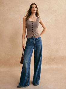 Poéselle 女式前扣格子无袖简约背心，休闲日常穿着 - 棕色 - 查看 6