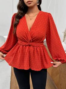 SHEIN Frenchy قميص بلوزة نسائية مقاس كبير تصميم بسيط بخامة النسيج المنقوش، كشكشة خصر مع زر أمامي في المنتصف - برتقالي مرجاني اللون - مشاهدة 4