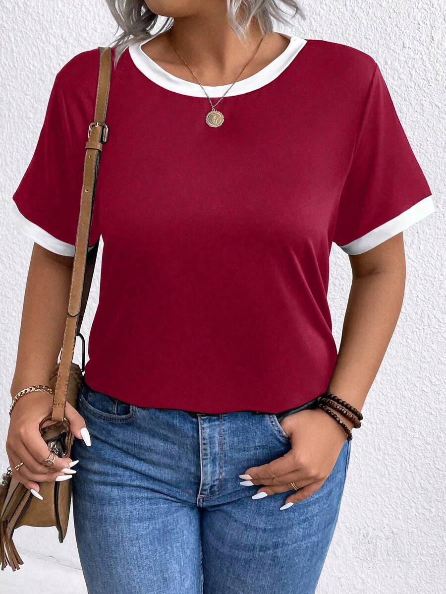 Plus Size Solid Color Patchwork Round Neck Short Sleeve Casual Top, Everyday Wear For Summer - Multicolor - View 1