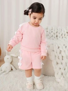 SHEIN Playful Pals 2件套女婴休闲运动可爱甜美侧边蝴蝶结设计宽松舒适针织面料圆领长袖连帽T恤上衣和短裤套装，粉色 - 粉色 - 查看 4