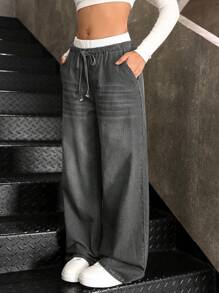 SHEIN Pantalones vaqueros de pernera ancha y suelta con diseño de rayas azules y blancas, en estilo casual de moda otoñal Y2K para adolescentes, con cintura contrastante y diseño 2 en 1